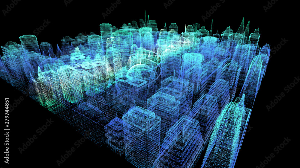 Poster futuristic holographic city digitally generated image virtual reality matrix particles in cyber spac