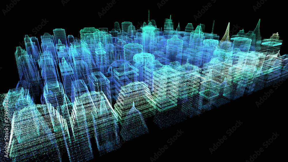 Poster Futuristic holographic city digitally generated image virtual reality matrix particles in cyber space background environment
