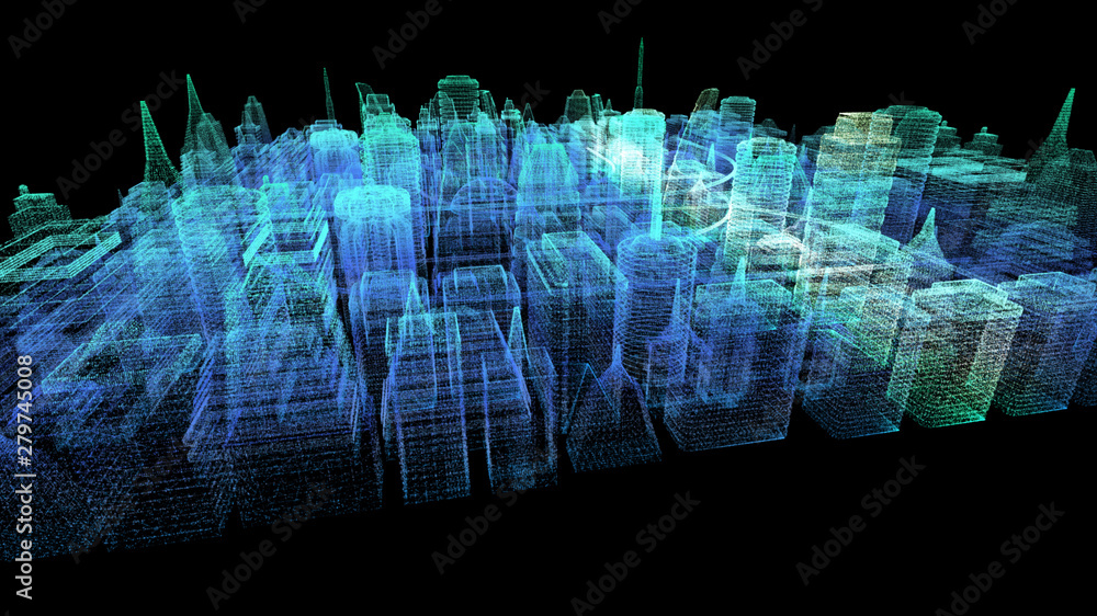 Poster Futuristic holographic city digitally generated image virtual reality matrix particles in cyber space background environment