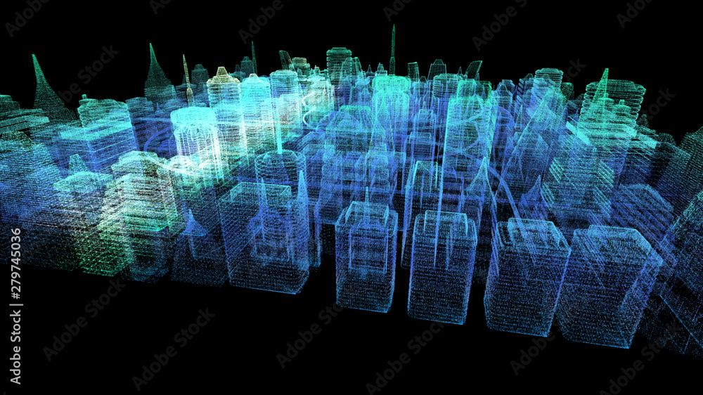 Aufkleber futuristic holographic city digitally generated image virtual reality matrix particles in cyber spac