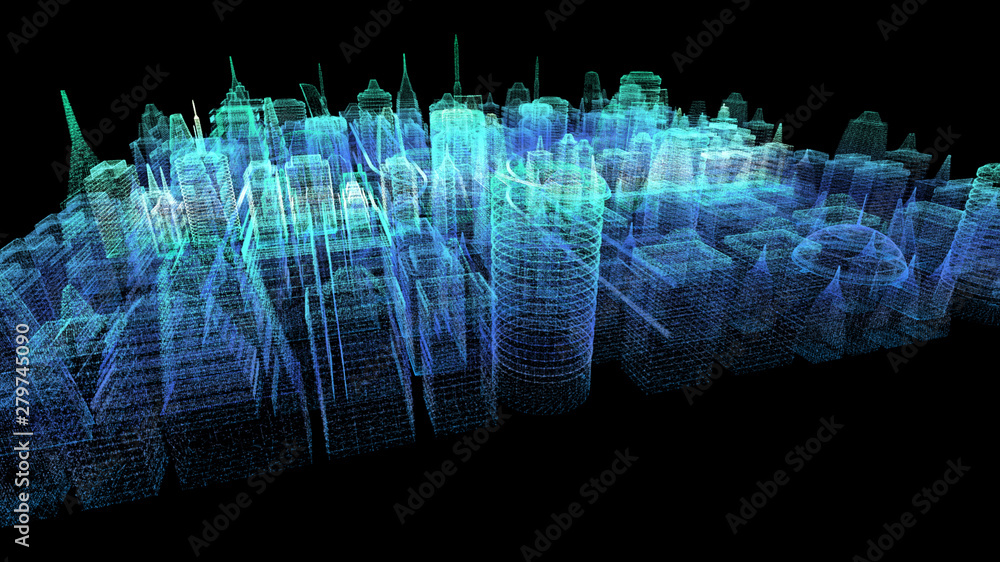 Aufkleber futuristic holographic city digitally generated image virtual reality matrix particles in cyber spac