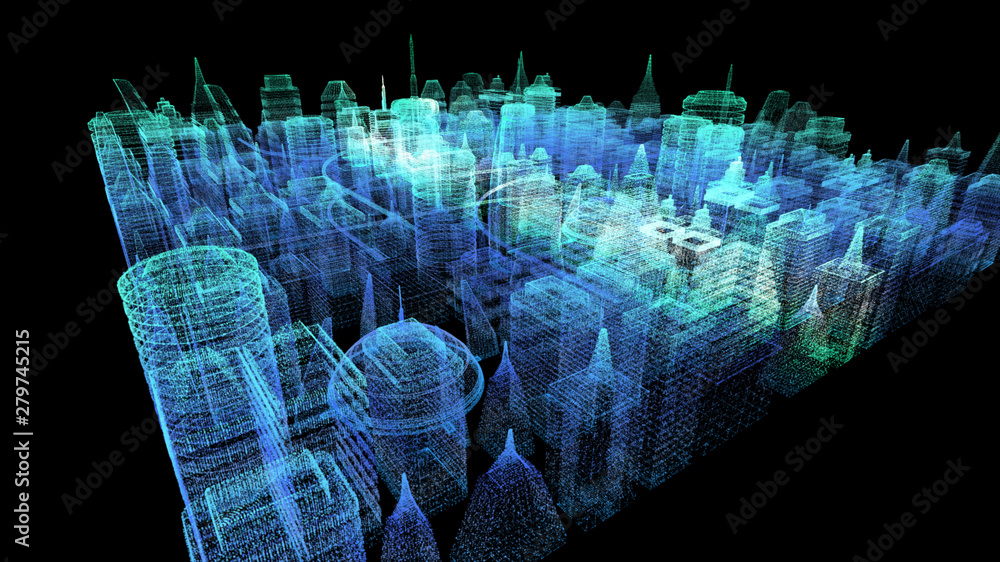 Poster Futuristic holographic city digitally generated image virtual reality matrix particles in cyber space background environment