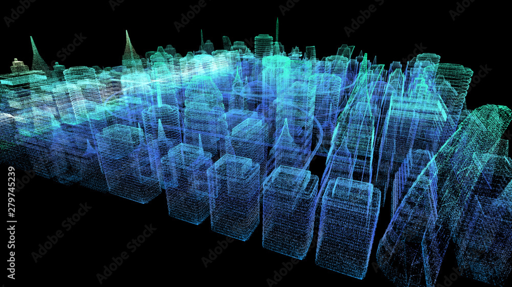 Aufkleber futuristic holographic city digitally generated image virtual reality matrix particles in cyber spac