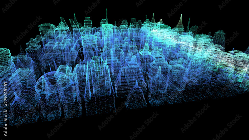 Aufkleber Futuristic holographic city digitally generated image virtual reality matrix particles in cyber space background environment