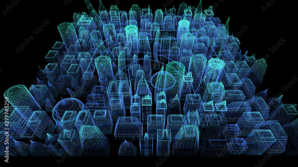 Poster Futuristic holographic city digitally generated image virtual reality matrix particles in cyber space background environment