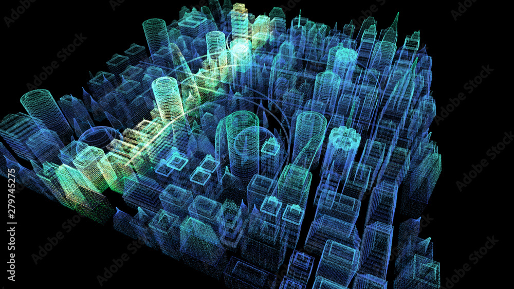 Poster Futuristic holographic city digitally generated image virtual reality matrix particles in cyber space background environment