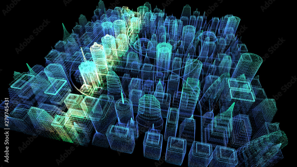 Poster Futuristic holographic city digitally generated image virtual reality matrix particles in cyber space background environment