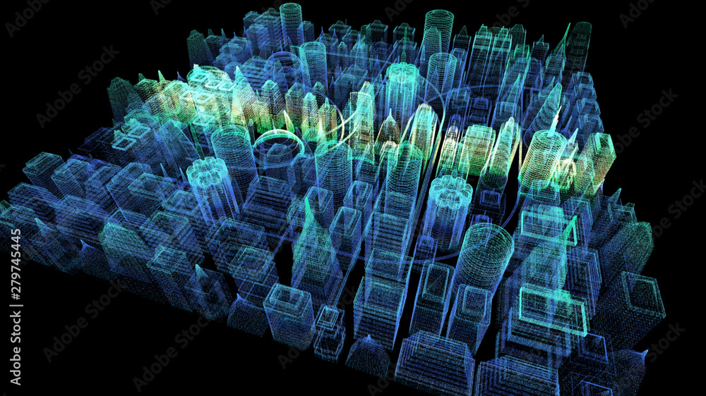 Poster Futuristic holographic city digitally generated image virtual reality matrix particles in cyber space background environment
