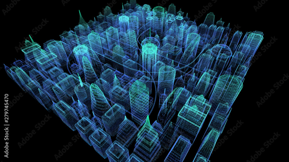 Aufkleber futuristic holographic city digitally generated image virtual reality matrix particles in cyber spac