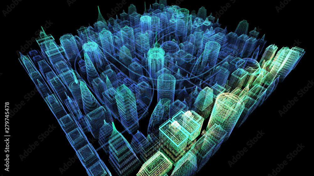 Poster Futuristic holographic city digitally generated image virtual reality matrix particles in cyber space background environment