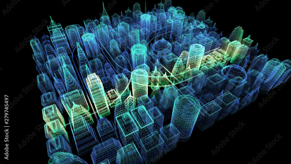 Poster Futuristic holographic city digitally generated image virtual reality matrix particles in cyber space background environment