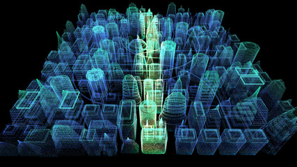Futuristic holographic city digitally generated image virtual reality matrix particles in cyber space background environment