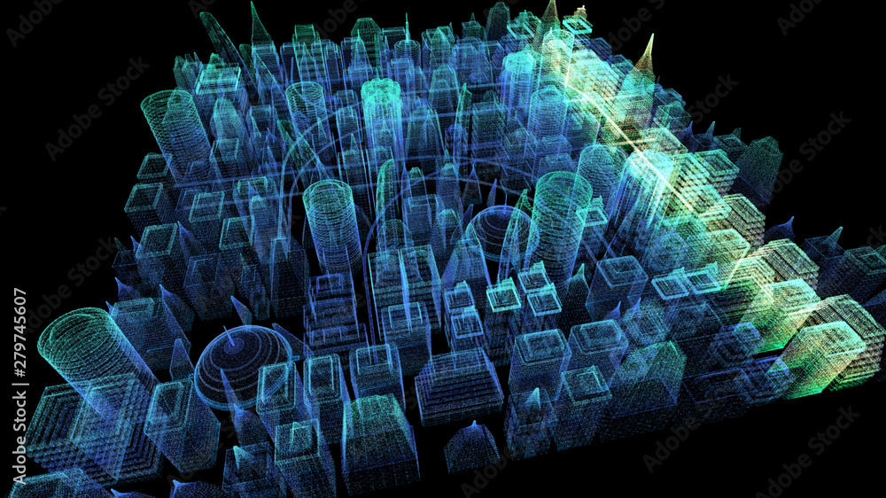 Poster Futuristic holographic city digitally generated image virtual reality matrix particles in cyber space background environment