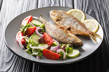 Portion of fried Salema porgy fish with lemon and fresh vegetable salad close-up on a plate. horizontal