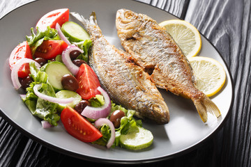 Natural healthy food fried Salema porgy fish with lemon and fresh vegetable salad close-up on a plate. horizontal