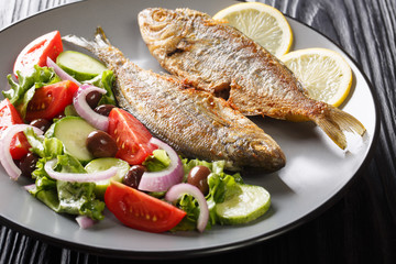 Spicy fried Salema porgy sea fish with lemon and fresh vegetable salad close-up on a plate. horizontal