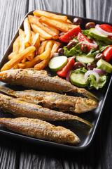 Fried boops boops fish with a side dish of fresh salad and french fries close-up on a plate on the table. vertical