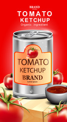 Tomato ketchup with fresh fruit and red background