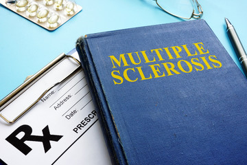 Multiple sclerosis MS book and prescription and pen. - obrazy, fototapety, plakaty