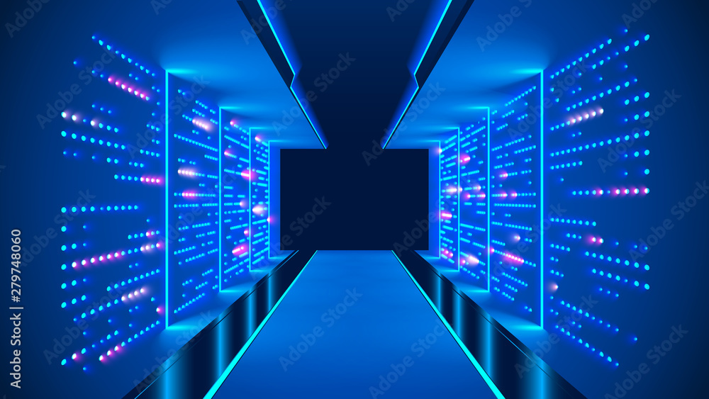 Poster Data center abstract background. interior of server room. Digital information warehouse. Web hosting technology. Computer racks in database communication system. Cluster optical fiber networking.