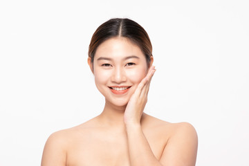 Obraz na płótnie Canvas Attractive Charming Asian young woman smile with white teeth and touching soft cheek feeling so happy and cheerful with healthy Clean and Fresh Skin,isolated on white,Beauty Cosmetology Concept