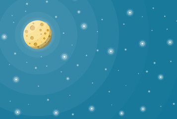 Fullmoon in night sky with stars. Moon satellite of earth with craters. Astronomy, science, nature. Space exploration. Vector illustration in flat style