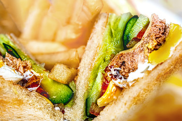Close Up of Juicy Club Sandwich with Lecttuce and Pickles with Blur French Fries in Background. Selective Focus