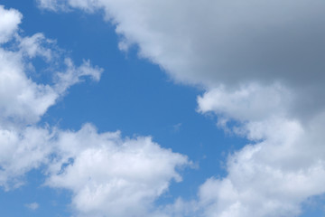 Blue sky texture background with white fluffy clouds. Abstract, cropped shot, horizontal. Nature's concept