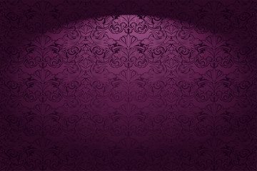 Royal, vintage, Gothic horizontal background in purple, magenta with a classic Baroque pattern, Rococo.With dimming at the edges. Vector illustration EPS 10