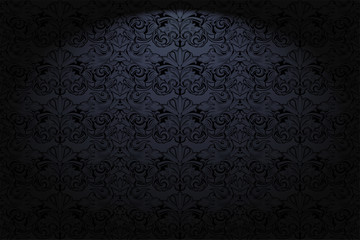 Royal, vintage, Gothic horizontal background in black with a classic Baroque pattern, Rococo.With dimming at the edges. Vector illustration EPS 10
