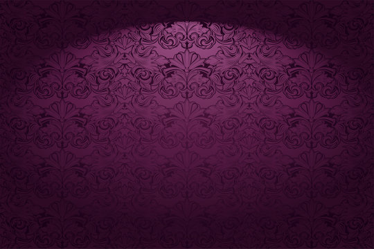 Royal, vintage, Gothic horizontal background in purple, magenta with a classic Baroque pattern, Rococo.With dimming at the edges. Vector illustration EPS 10 © Ксения Головина