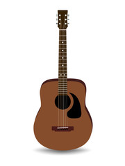 Obraz premium Realistic brown acoustic guitar isolated on white background with shadow. vector illustration.
