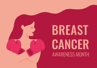 Breast cancer awareness month card with young woman defends herself by crossing her arms in Boxing gloves. Vector medical concept of prevention of breast cancer.