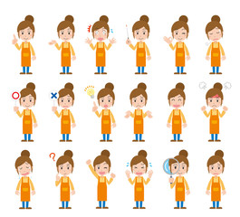 女性　エプロン　保育士　主婦　ポーズ　表情　感情　セット