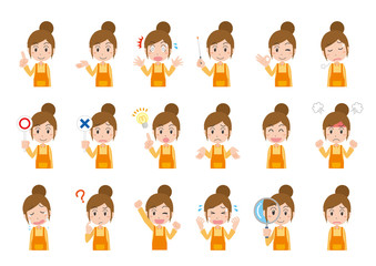 女性　エプロン　保育士　主婦　ポーズ　表情　感情　セット