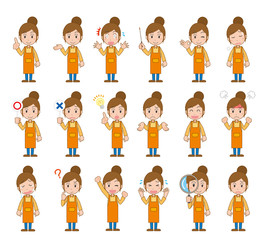 女性　エプロン　保育士　主婦　ポーズ　表情　感情　セット