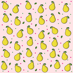 Fruit print on pink background with drops. Bright fruit: pears. Ripe yellow pear with green leaf.  Vector pattern (background) for your design. EPS10.