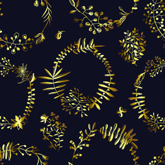 Vector floral seamless pattern with abstract leaves, buds and branches elements on black background.Circle wreath. Vogue gold floral texture for textile, wrapping paper, print design, clothes.