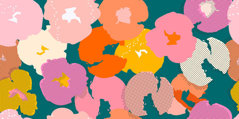 Het schilderen van universeel naadloos bloemenpatroon uit de vrije hand met handgetekende bloemen. Grafisch ontwerp voor achtergrond, kaart, spandoek, poster, omslag, uitnodiging, stof, koptekst of brochure