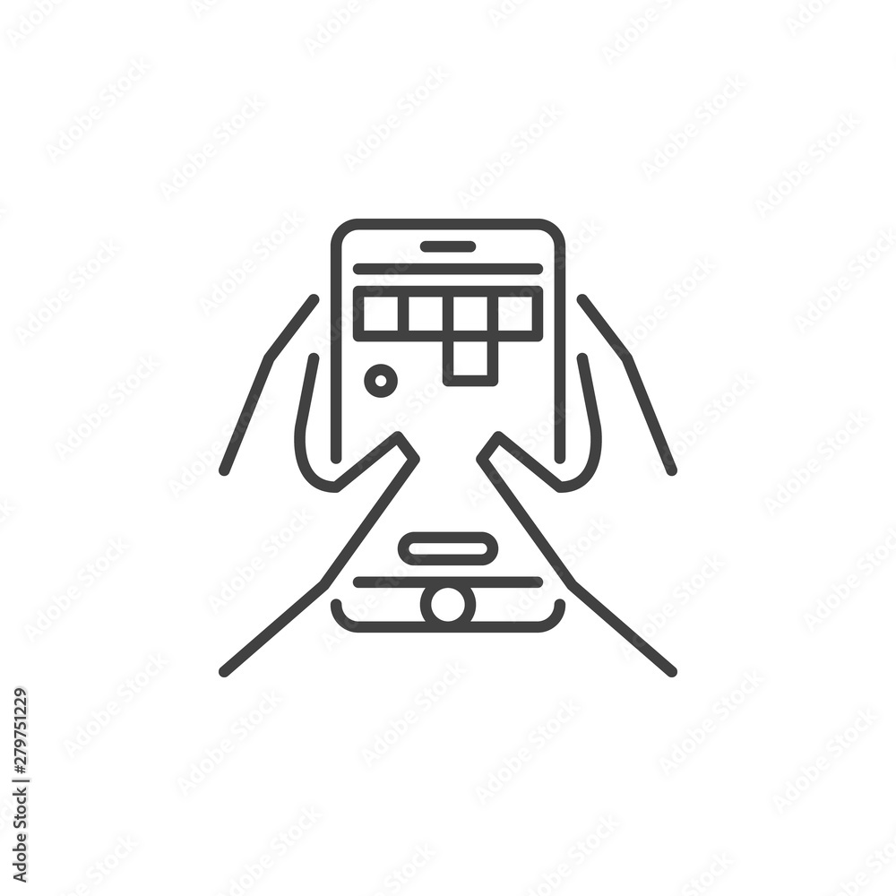 Poster smartphone with game in hands vector outline icon or symbol