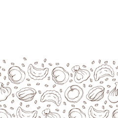 Seamless border of dumplings with spice. Ravioli. Vareniki. Pelmeni. Food. Cooking. National dishes. Products from the dough and meat. Sketch hand drawn background. Pattern for restaurant menu