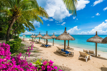 Public beach with lounge chairs and umbrellas in Pointe aux Canonniers, Mauritius island, Africa - obrazy, fototapety, plakaty