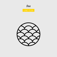 line icon symbol, sea wave landscape in circle shape nature abstract, Isolated flat outline vector design