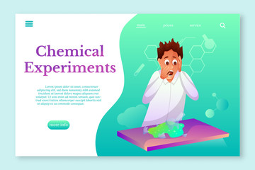 Chemical Experiments landing page template. Chemistry student flat character