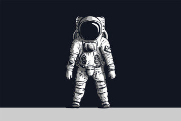 Astronaut on isolated black background in black and white. Vector image