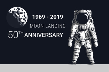 Astronaut moon landing 50th anniversary. Vector image