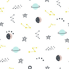 Seamless pattern with planets and stars. Perfect for kids fabric, textile, nursery wallpaper. Space background.