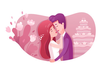 Bride and groom kissing flat illustration