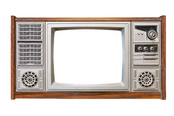 Vintage television - antique wooden box television with cut out frame screen isolate on white with...
