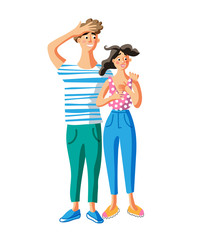Astonished young couple flat vector illustration